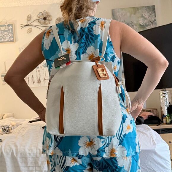 NWT Valentina White Italian Leather Convertible crossbody Shoulder Backpack Bag main image 16